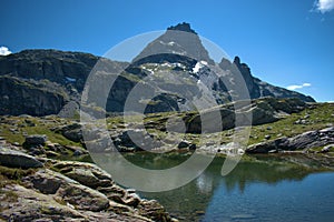 Handsome little lake in the alps at the mount Pizol in Switzerland 7.8.2020