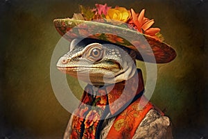 handsome lizard, dressed in flowered clothes photo