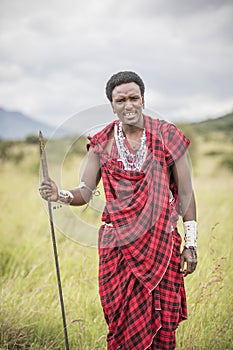 Handsome maasai warrior in savannah