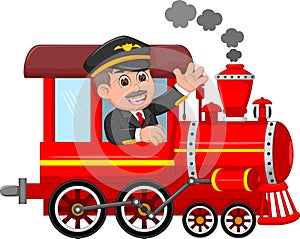 Handsome machinist cartoon uo train with smile and waving