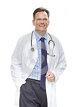 Handsome Male Doctor in Lab Coat with Stethoscope on White