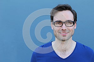 Handsome male with glasses portrait smiling with copy space