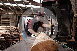 Handsome male lumberjack mills wood with band saw