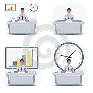 Handsome male office employee sitting at desk. Business casual men working concept.