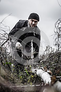 A handsome man with an ax in his hands goes through the branches along the trunk of a fallen birch. A man cuts downed