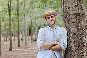 Handsome man with beard in white shirt leaning against a tree and smiling for the camera.