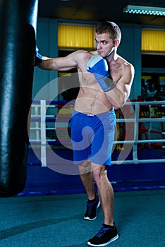 Handsome man in blue boxing gloves training on a punching bag in the gym. Male boxer doing workout.