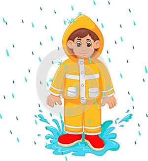 Handsome man cartoon under rain use yellow raincoat