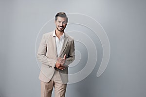 handsome man copyspace beige happy businessman portrait business smiling model suit