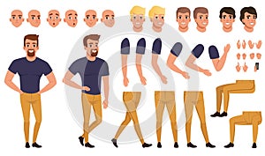 Handsome man creation set with various views, poses, face emotions, haircuts and hands gestures. Cartoon male character photo
