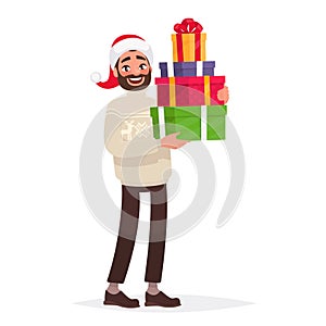 Handsome man dressed in a sweater and a Christmas hat is holding presents. New Year`s sale