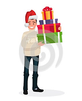 Handsome man dressed in a sweater and a Christmas hat is holding presents. New Year s sale