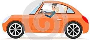 Handsome man driving orange car. Guy is sitting in two door compartment vector illustration