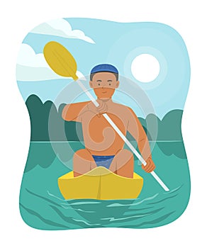 Handsome Man Enjoying with Rowing Canoe in River on Summer