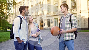 Handsome man flirting with girlfriend of best friend, trying to steal female