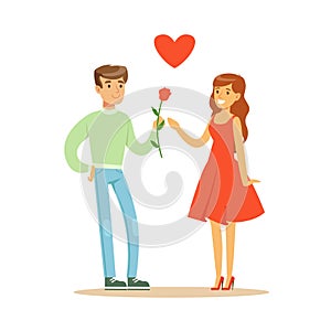 Handsome man giving rose to his beautiful girlfriend in red dress colorful character vector Illustration photo