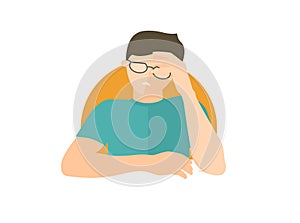 Handsome man in glasses depressed, sad, weak. Flat design icon. Boy with feeble depression emotion. Simply editable isolated on wh