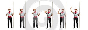 Handsome man gondolier with oar isolated over white studio background