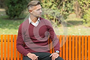 Handsome man with graying hair relax on bench, male beauty