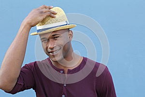 Handsome man greeting with this hat