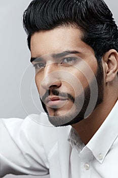 Handsome Man With Hair Style, Beard And Beauty Face Portrait