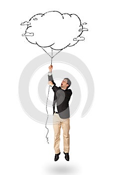 Handsome man holding cloud balloon drawing