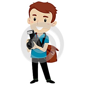 Handsome Man holding a Digital Camera wearing a Satchel Bag