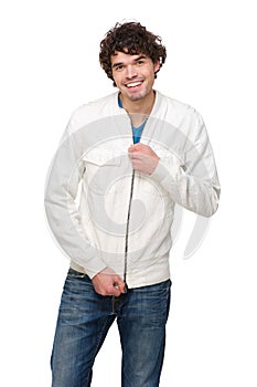 Handsome Man Holding Zipper on Jacket