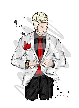 Handsome man in a jacket, shirt and tie and pants. Stylish guy in a suit. Vector illustration, fashion and style, clothing.