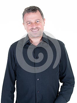 Handsome man middle aged smiling in black shirt portrait photogenic standing on white background