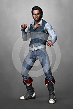 Handsome man in pirate style costume standing in a fighting pose
