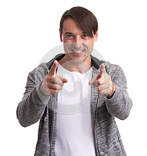 Handsome man pointing at you. Isolated