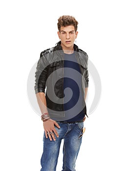 Handsome man, portrait and fashion with leather jacket, denim jeans or cool clothing on a white studio background