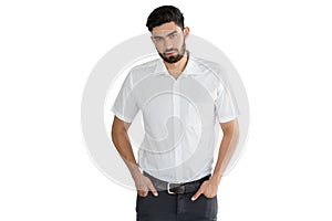 Handsome man posing against white background