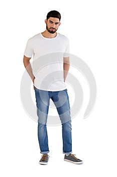 Handsome man posing against white background