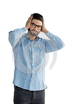 Handsome man posing against white background