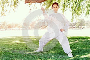 Handsome man practicing thai chi