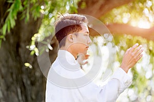 Handsome man practicing thai chi