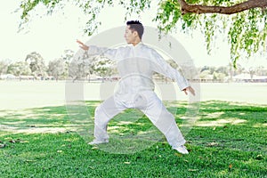 Handsome man practicing thai chi