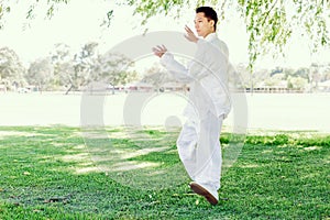 Handsome man practicing thai chi