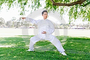 Handsome man practicing thai chi