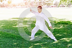 Handsome man practicing thai chi