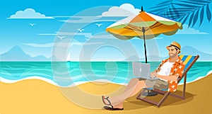 Handsome man relaxation and working with laptop on a sandy beach. destination for summer travel holidays concept