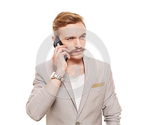 Handsome man speak on mobile phone isolated at white