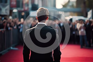 Handsome Man In Suit Stands Backwards On The Red Carpet During The Day In Front Of The Paparazzi. Generative AI