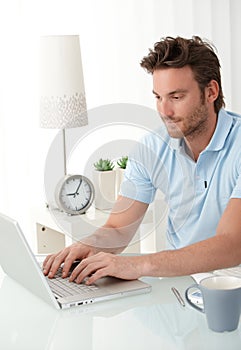 Handsome man typing on laptop computer