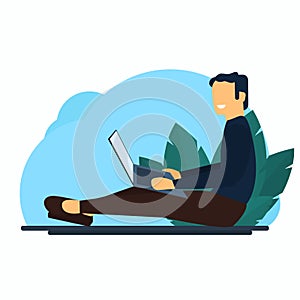 Handsome man using laptop. Home working, Online shopping. Freelance, e-learning concept. Flat vector illustration.