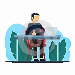 Handsome man using laptop. Home working, Online shopping. Freelance, e-learning concept. Flat vector illustration.