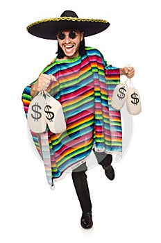 Handsome man in vivid poncho holding money bags