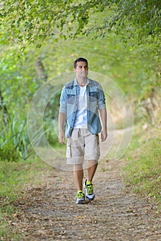 Handsome man walking on forest path